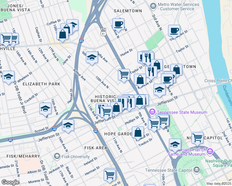 map of restaurants, bars, coffee shops, grocery stores, and more near 908 Monroe Street in Nashville
