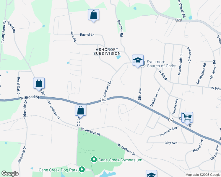 map of restaurants, bars, coffee shops, grocery stores, and more near 1340 Crescent Drive in Cookeville