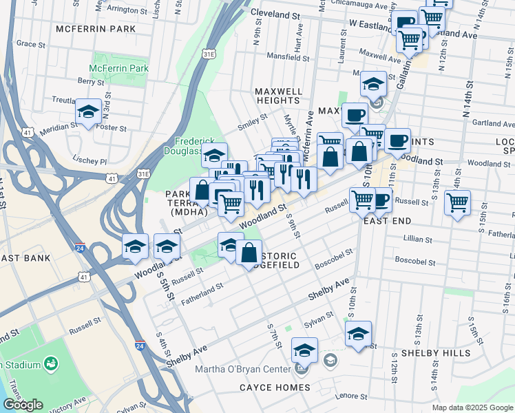 map of restaurants, bars, coffee shops, grocery stores, and more near 805 Woodland Street in Nashville