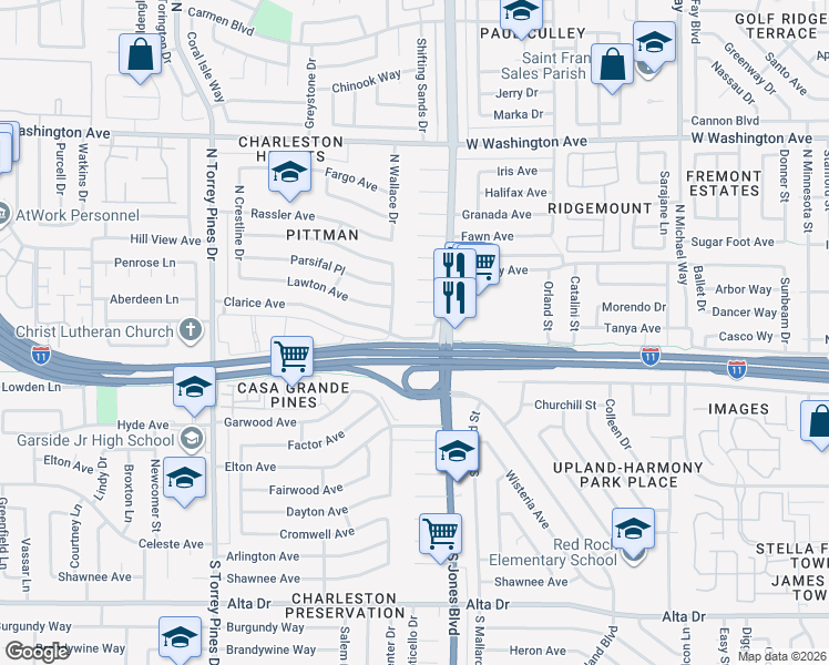 map of restaurants, bars, coffee shops, grocery stores, and more near 6117 Aberdeen Lane in Las Vegas