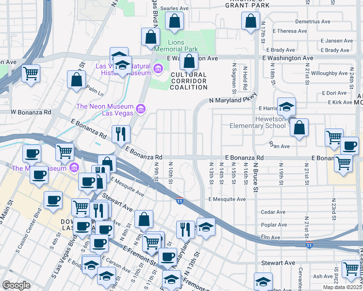 map of restaurants, bars, coffee shops, grocery stores, and more near 621 North 11th Street in Las Vegas
