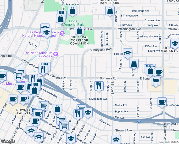 map of restaurants, bars, coffee shops, grocery stores, and more near 628 North 12th Street in Las Vegas
