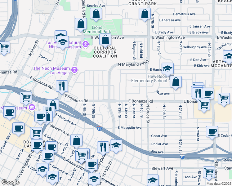 map of restaurants, bars, coffee shops, grocery stores, and more near 628 North 12th Street in Las Vegas