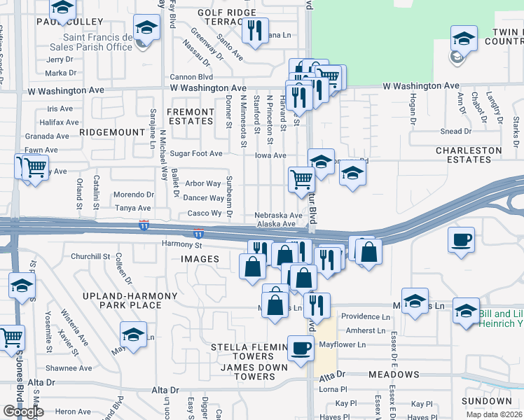 map of restaurants, bars, coffee shops, grocery stores, and more near 104 Stanford Street in Las Vegas