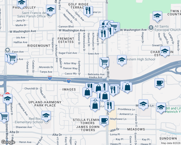 map of restaurants, bars, coffee shops, grocery stores, and more near 200 Stanford Street in Las Vegas