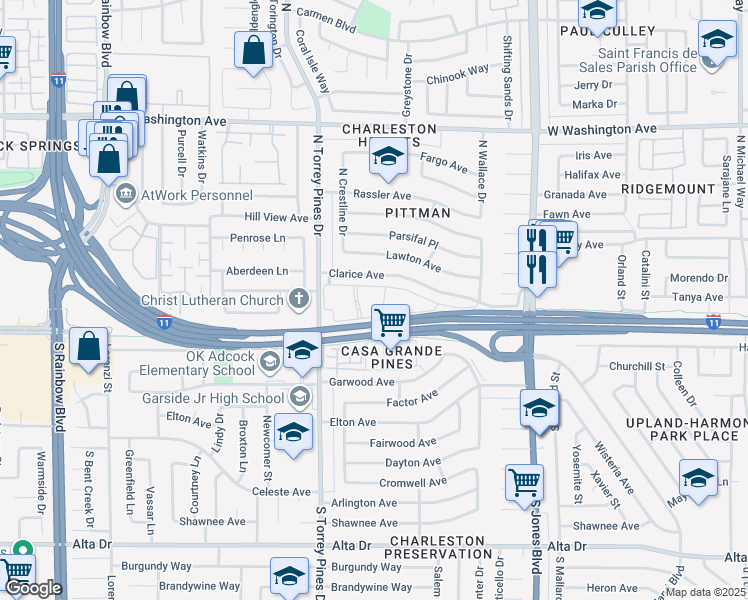 map of restaurants, bars, coffee shops, grocery stores, and more near 6337 Clarice Avenue in Las Vegas