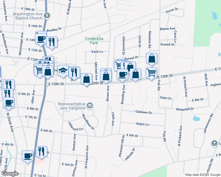 map of restaurants, bars, coffee shops, grocery stores, and more near 711-799 East 10th Street in Cookeville