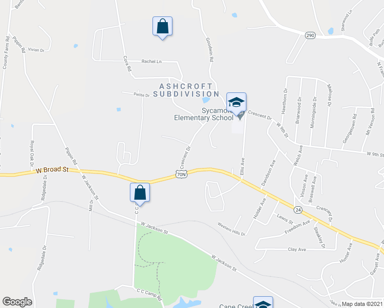map of restaurants, bars, coffee shops, grocery stores, and more near 1340 Crescent Drive in Cookeville