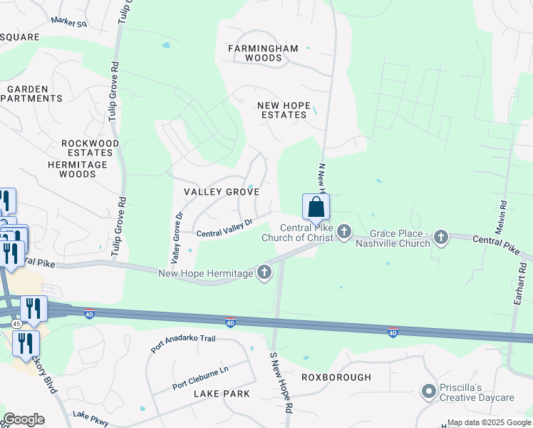 map of restaurants, bars, coffee shops, grocery stores, and more near 1009 Central Valley Court in Nashville