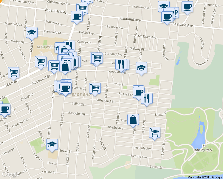 map of restaurants, bars, coffee shops, grocery stores, and more near 1506 Holly Street in Nashville