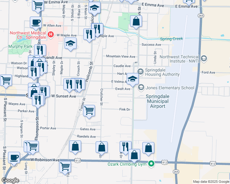 map of restaurants, bars, coffee shops, grocery stores, and more near 412 Ewalt Avenue in Springdale