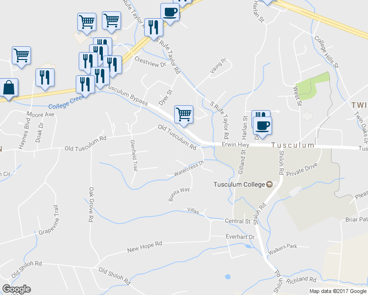 map of restaurants, bars, coffee shops, grocery stores, and more near 2350 Old Tusculum Road in Greeneville