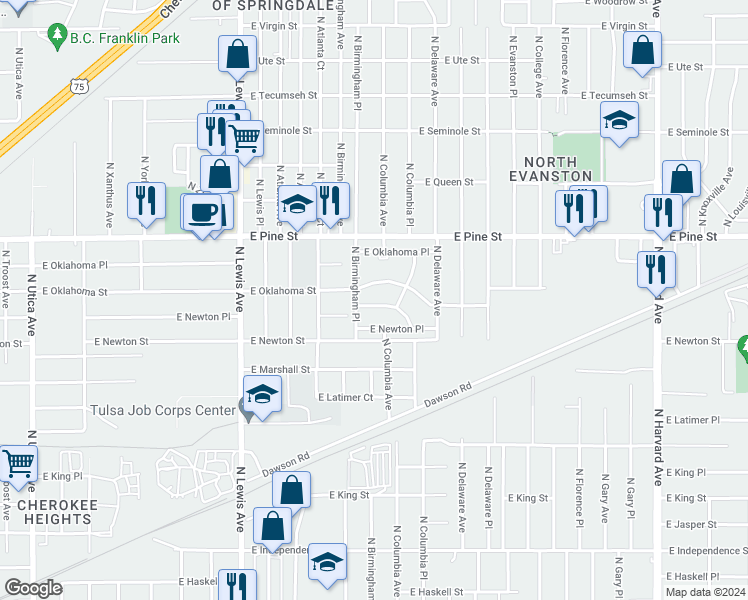 map of restaurants, bars, coffee shops, grocery stores, and more near 2617 East Newton Court in Tulsa