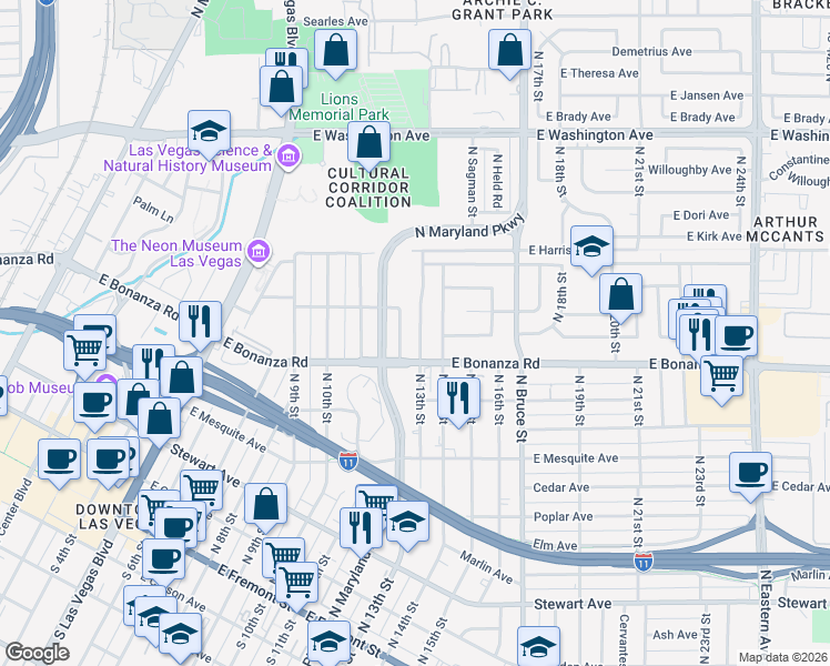 map of restaurants, bars, coffee shops, grocery stores, and more near 601 North 13th Street in Las Vegas