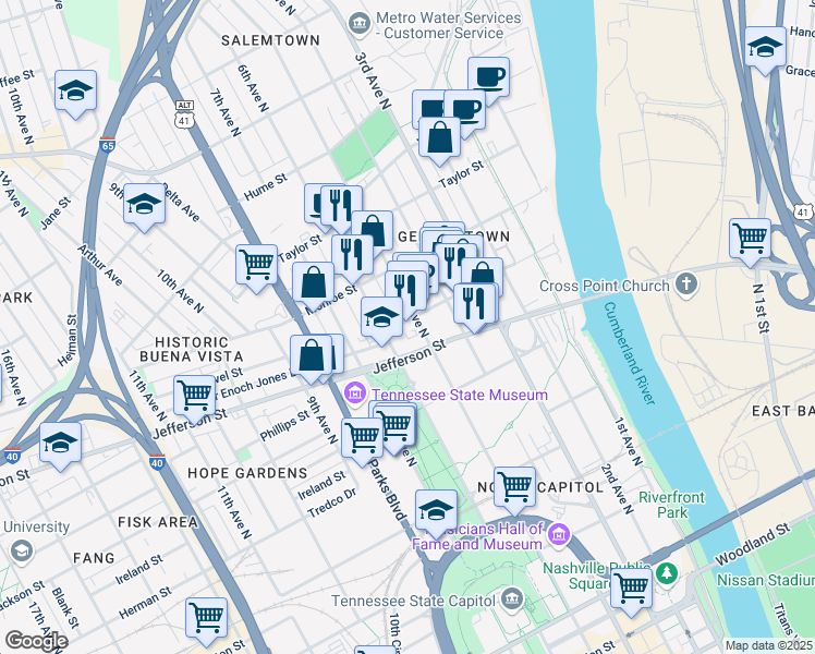 map of restaurants, bars, coffee shops, grocery stores, and more near 1121 5th Avenue North in Nashville