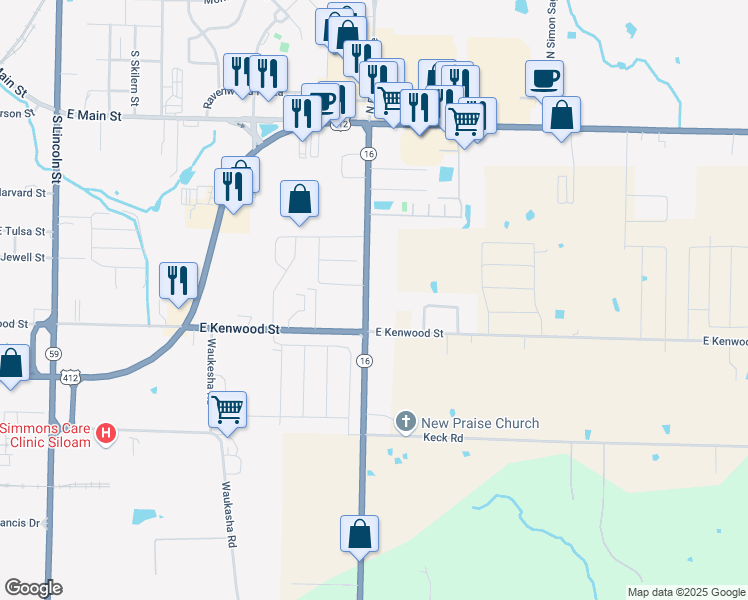 map of restaurants, bars, coffee shops, grocery stores, and more near 911 Arkansas 16 in Siloam Springs