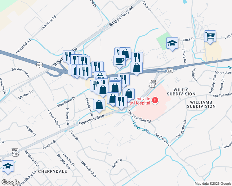 map of restaurants, bars, coffee shops, grocery stores, and more near 1355 Tusculum Boulevard in Greeneville