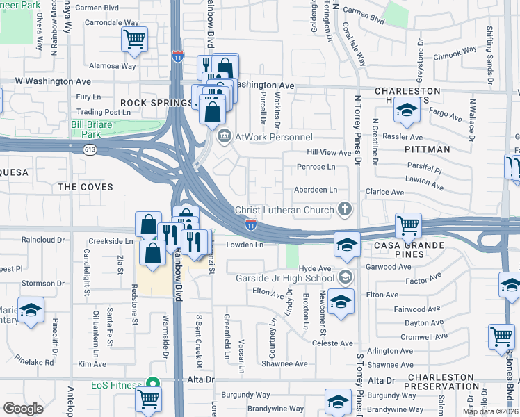 map of restaurants, bars, coffee shops, grocery stores, and more near 200 Brookside Lane in Las Vegas