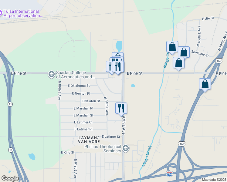 map of restaurants, bars, coffee shops, grocery stores, and more near 1410 North Mingo Road in Tulsa