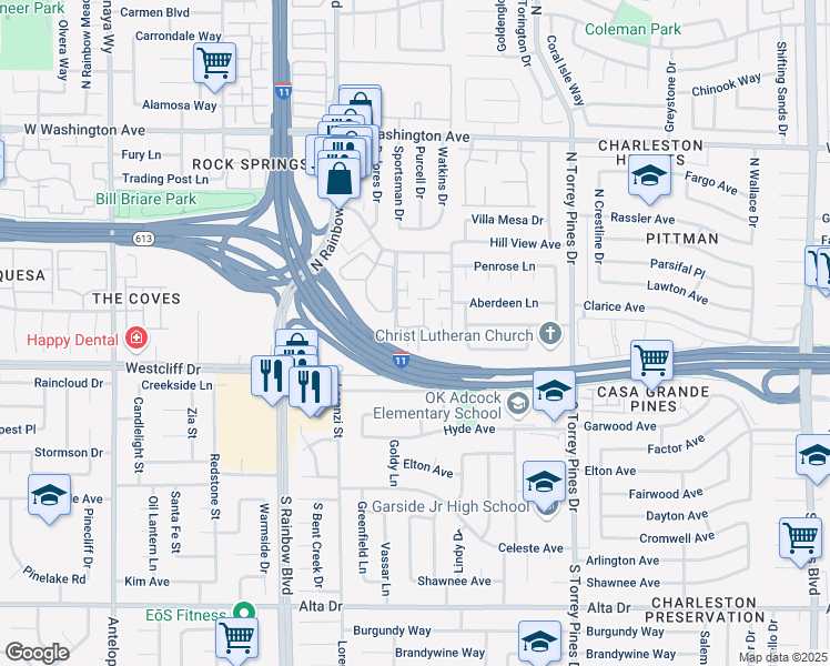 map of restaurants, bars, coffee shops, grocery stores, and more near 6681 Bubbling Brook Drive in Las Vegas
