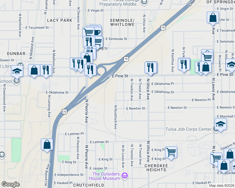 map of restaurants, bars, coffee shops, grocery stores, and more near 1345 North Rockford Avenue in Tulsa