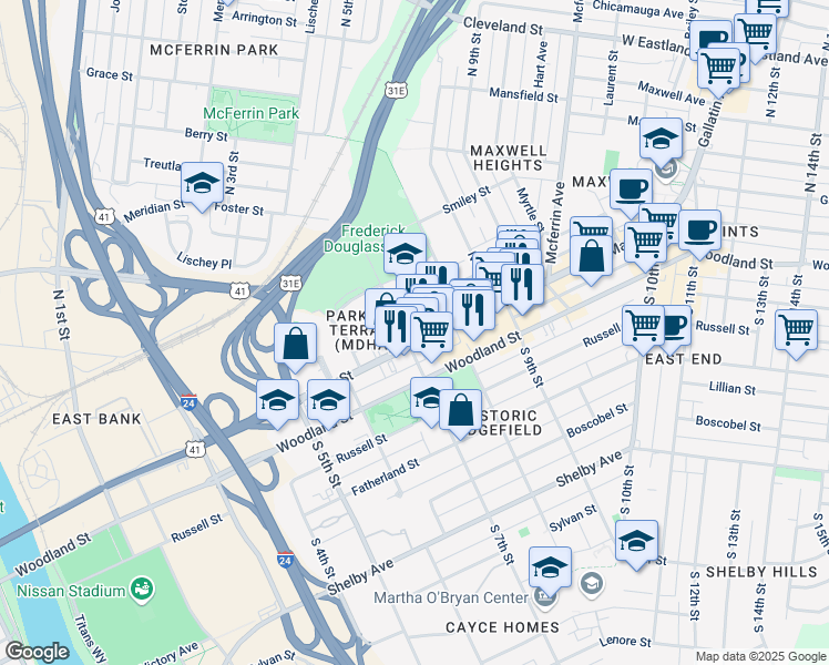 map of restaurants, bars, coffee shops, grocery stores, and more near 715 Main Street in Nashville