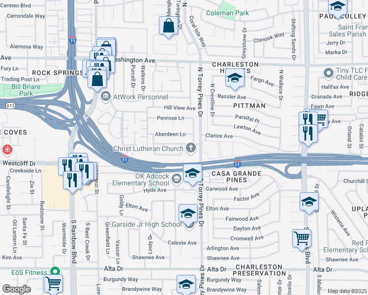 map of restaurants, bars, coffee shops, grocery stores, and more near 6421 Dinning Avenue in Las Vegas