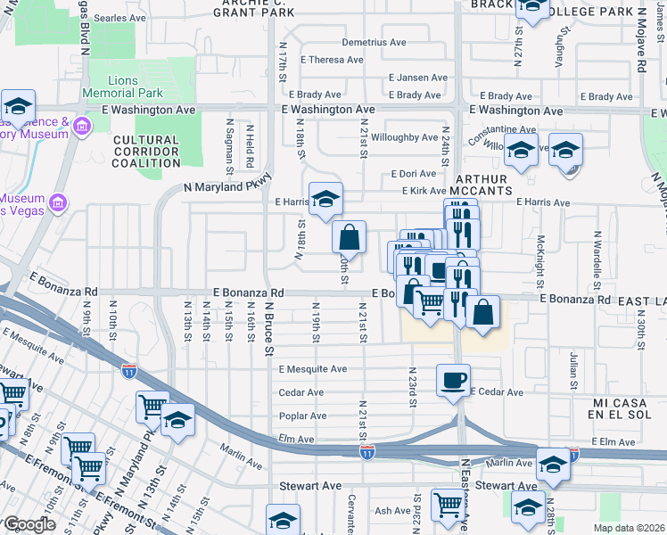 map of restaurants, bars, coffee shops, grocery stores, and more near 629 North 20th Street in Las Vegas