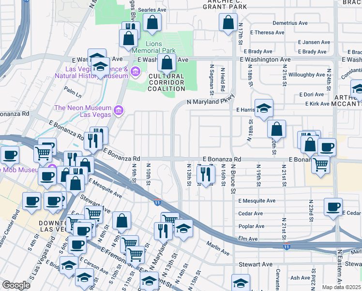 map of restaurants, bars, coffee shops, grocery stores, and more near 628 North 12th Street in Las Vegas