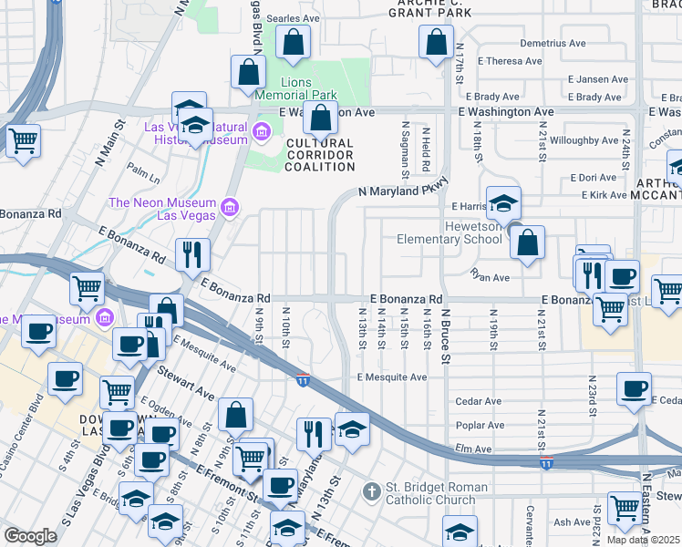 map of restaurants, bars, coffee shops, grocery stores, and more near 628 North 12th Street in Las Vegas