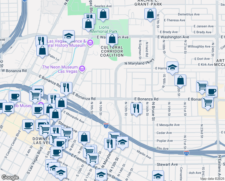 map of restaurants, bars, coffee shops, grocery stores, and more near 641 North Maryland Parkway in Las Vegas