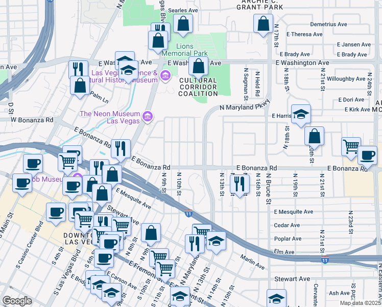 map of restaurants, bars, coffee shops, grocery stores, and more near 641 North Maryland Parkway in Las Vegas