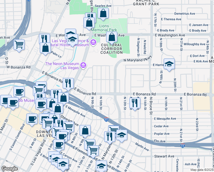 map of restaurants, bars, coffee shops, grocery stores, and more near 636 North 10th Street in Las Vegas