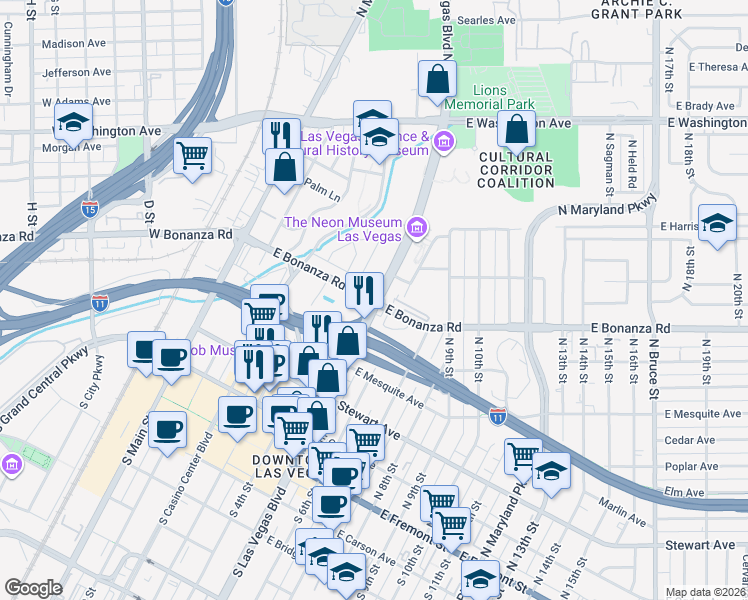 map of restaurants, bars, coffee shops, grocery stores, and more near 3700 Vegas Drive in Las Vegas