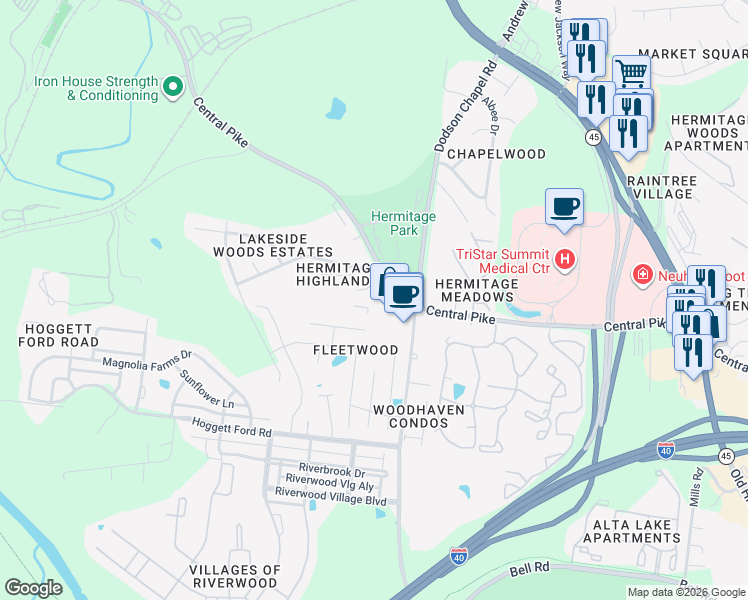 map of restaurants, bars, coffee shops, grocery stores, and more near 3778 Central Pike in Nashville