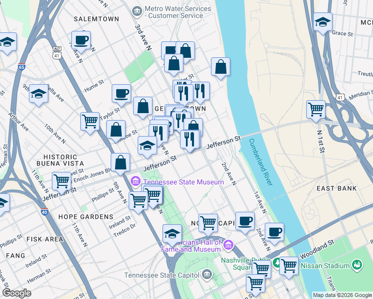 map of restaurants, bars, coffee shops, grocery stores, and more near 1121 3rd Avenue North in Nashville