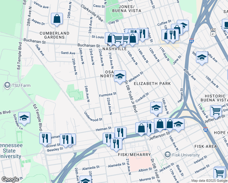 map of restaurants, bars, coffee shops, grocery stores, and more near 1609 21st Avenue North in Nashville