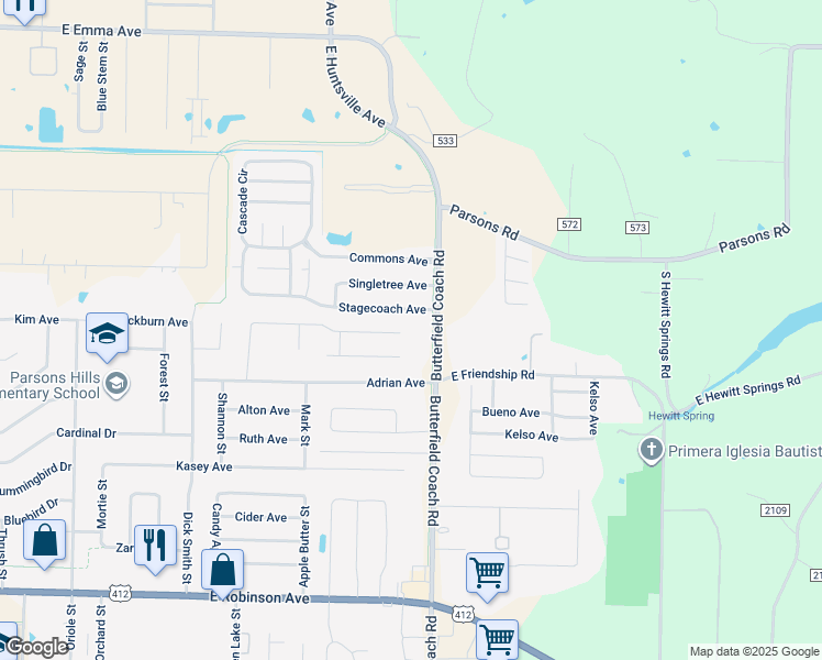 map of restaurants, bars, coffee shops, grocery stores, and more near 3243 Stagecoach Avenue in Springdale