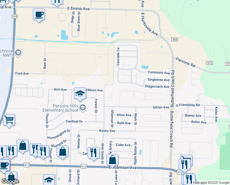map of restaurants, bars, coffee shops, grocery stores, and more near 2599 Mia Place in Springdale