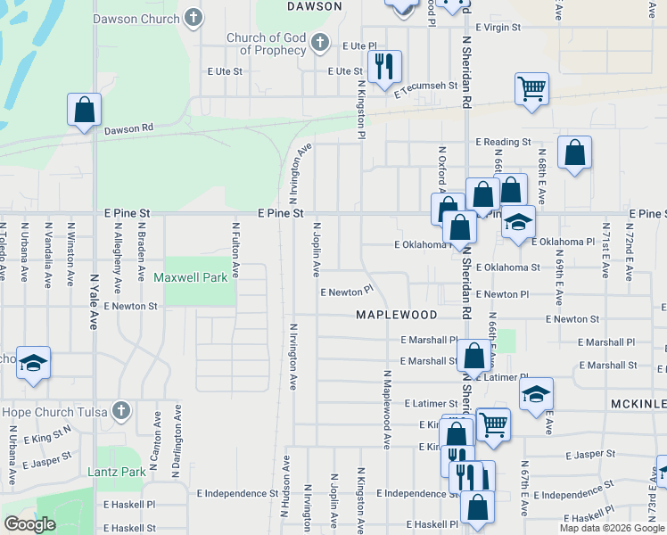 map of restaurants, bars, coffee shops, grocery stores, and more near 1415 North Joplin Avenue in Tulsa