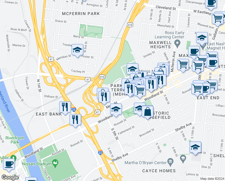 map of restaurants, bars, coffee shops, grocery stores, and more near 144 North 6th Street in Nashville