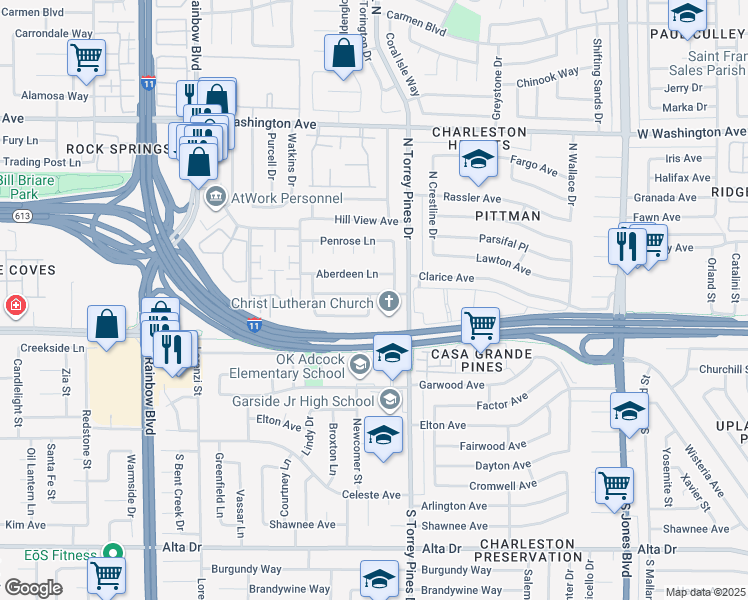map of restaurants, bars, coffee shops, grocery stores, and more near 6421 Dinning Avenue in Las Vegas