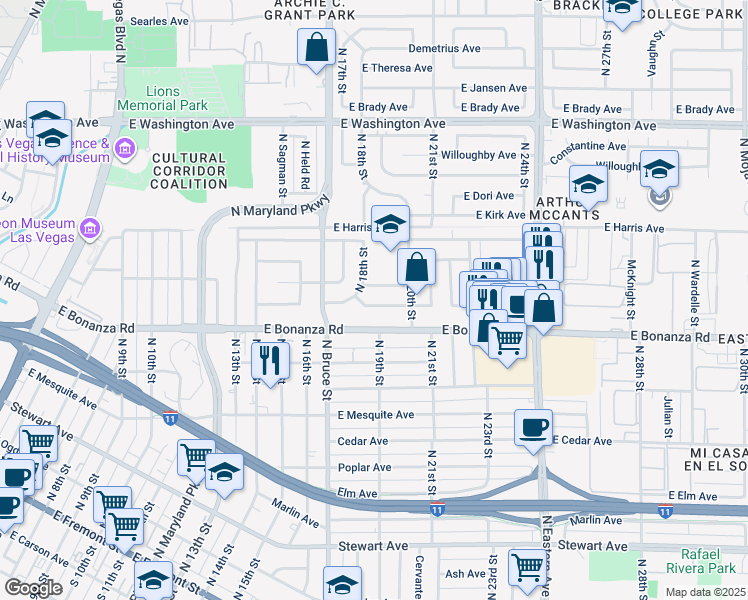 map of restaurants, bars, coffee shops, grocery stores, and more near 1812 Ryan Avenue in Las Vegas