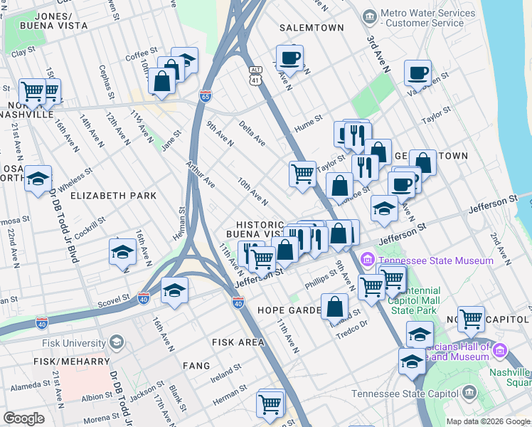map of restaurants, bars, coffee shops, grocery stores, and more near 1403 10th Avenue North in Nashville