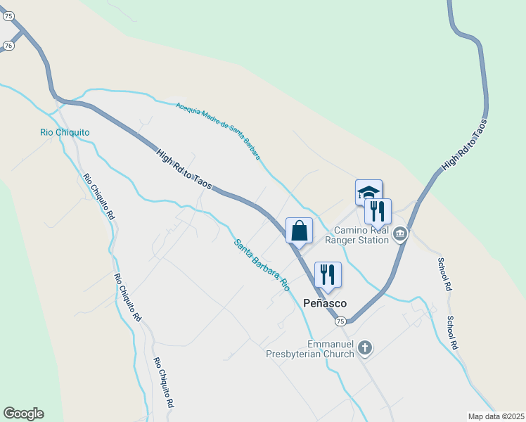 map of restaurants, bars, coffee shops, grocery stores, and more near New Mexico 75 in Peñasco