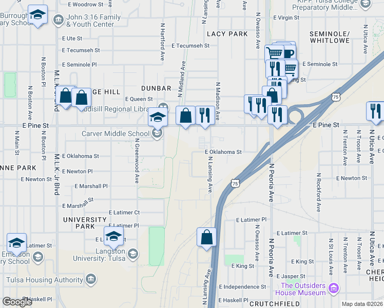 map of restaurants, bars, coffee shops, grocery stores, and more near 2038 North Kenosha Avenue in Tulsa