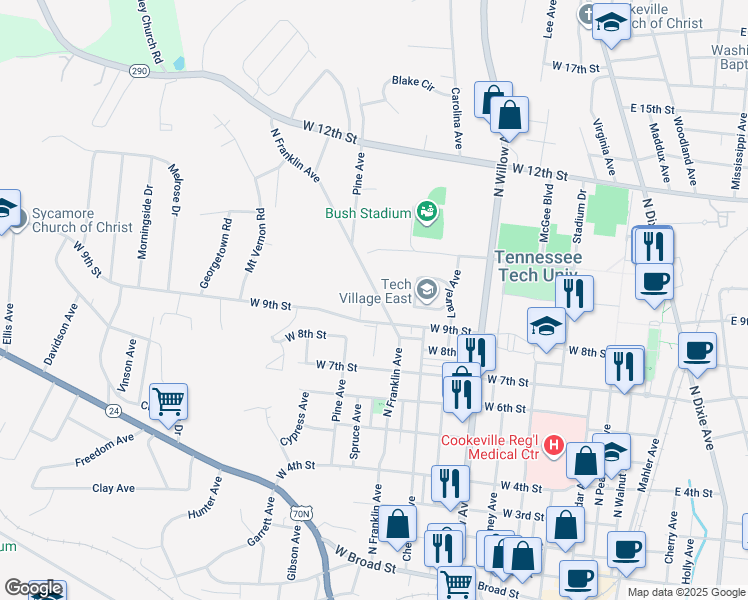 map of restaurants, bars, coffee shops, grocery stores, and more near 924 North Franklin Avenue in Cookeville
