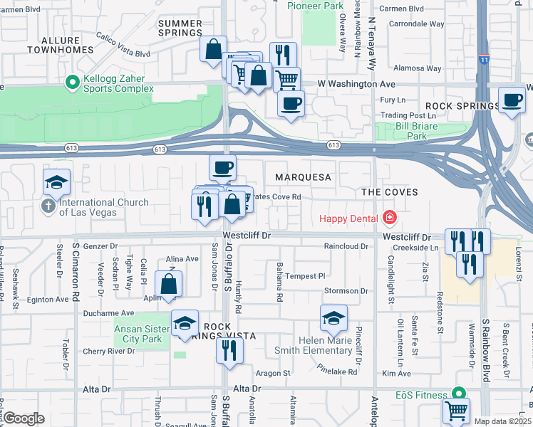 map of restaurants, bars, coffee shops, grocery stores, and more near 101 Luna Way in Las Vegas