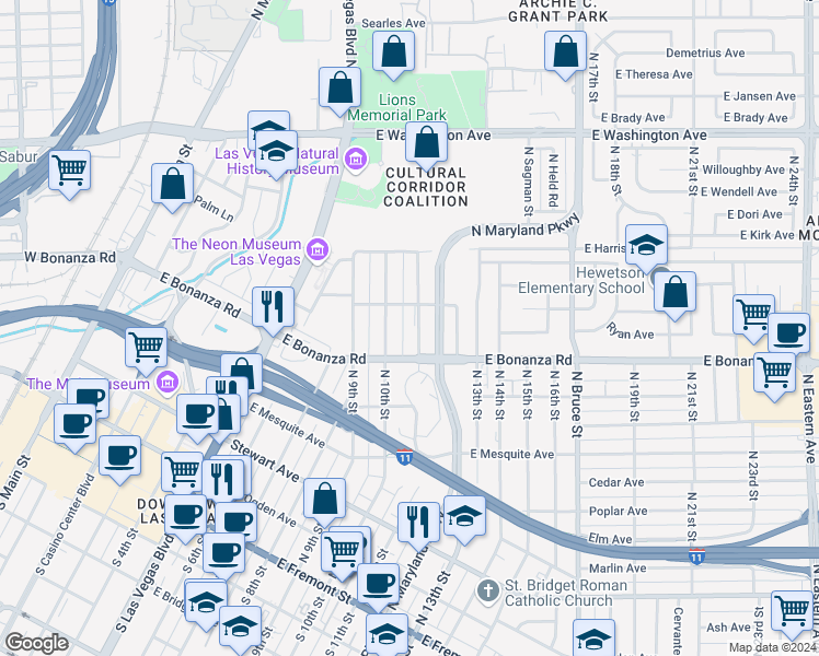 map of restaurants, bars, coffee shops, grocery stores, and more near 625 North 11th Street in Las Vegas