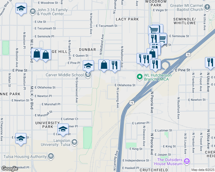 map of restaurants, bars, coffee shops, grocery stores, and more near 2715 North Kenosha Avenue in Tulsa